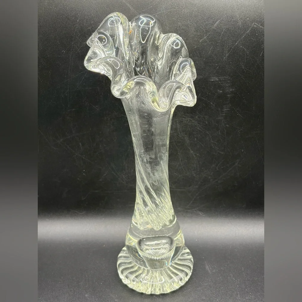 Vintage Mid Century Swung Glass Vase Chunky Ruffled Thick Walled Vessel Decor - Picture 2 of 14